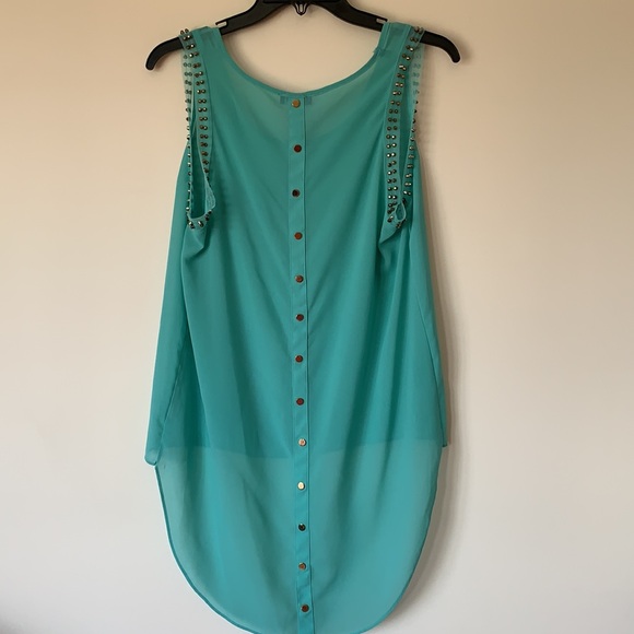 Guess Blouse Sheer Green Hi Low Hem - Picture 7 of 10